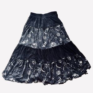 Cosmic Aura Celestial Black Lace Tiered Midi Skirt Moon/Skulls Small Whimsygoth